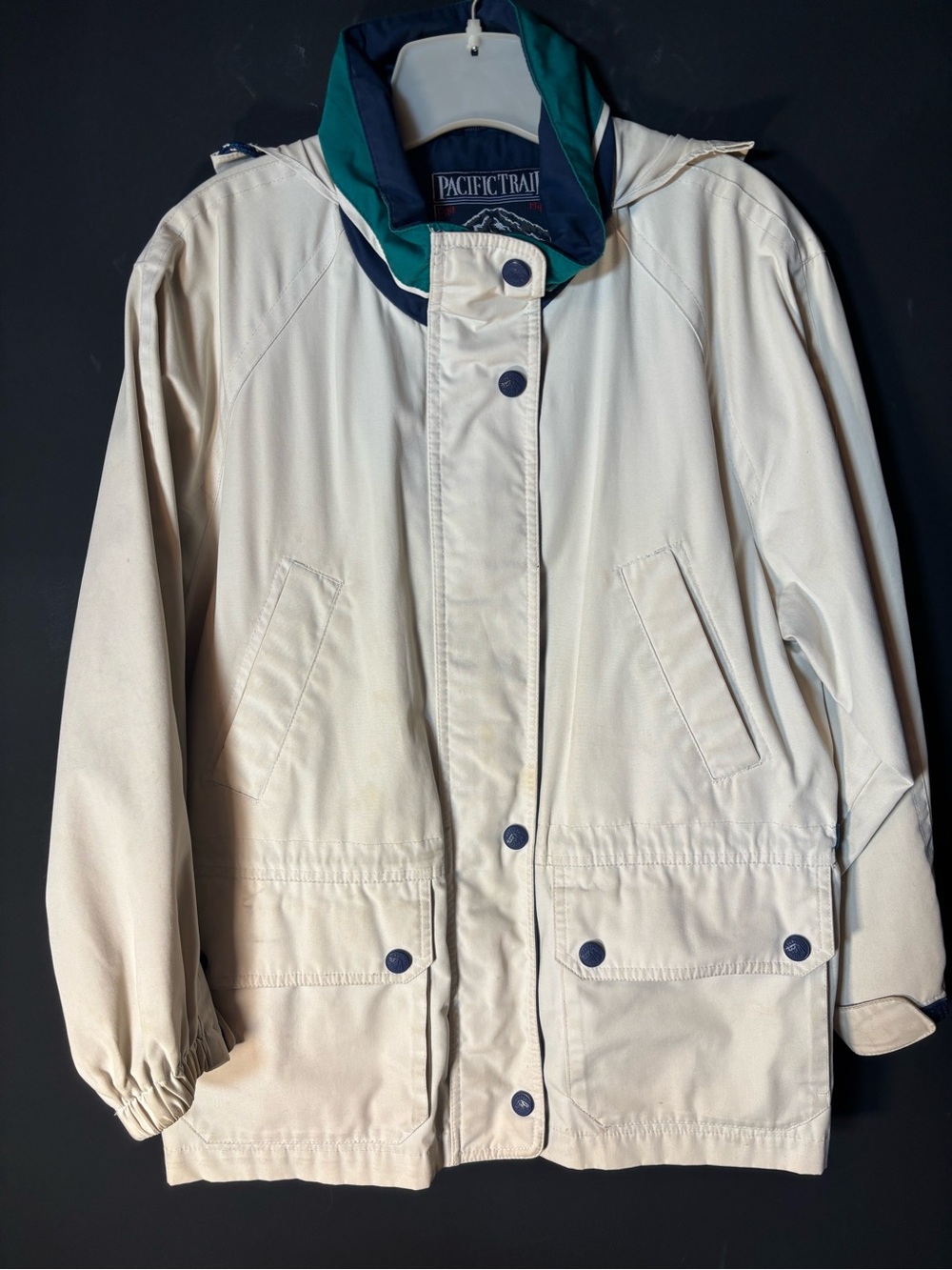 Pacific Trail Women’s Cream Hooded Raincoat with Navy & Teal Trim-PS